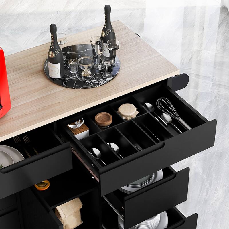 Kitchen Cart With Rubber Wood Countertop, Large Storage Space Flatware Organizer With Spice Rack, Towel Rack