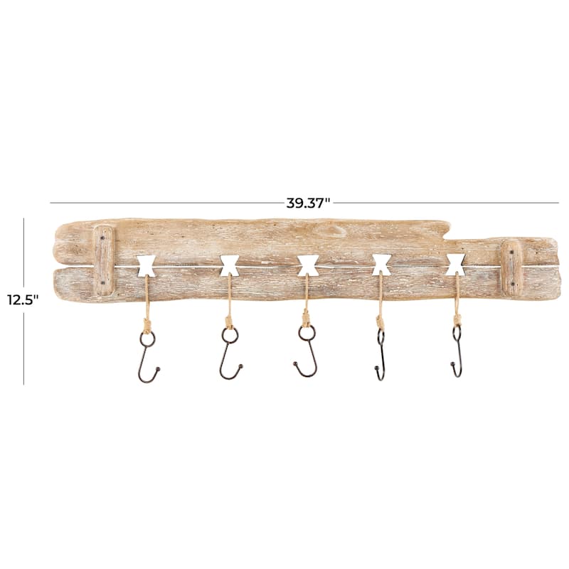 Wood Handmade Whitewashed Live Edge Wall Hook with 5 Hanger Fish Hooks - Brown - Roche River Decor - 1"W x 39"L x 13"H