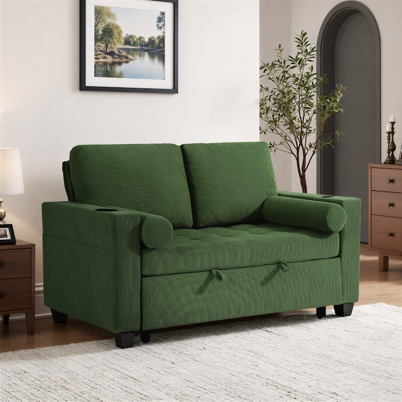 3-in-1 Corduroy Sleeper Sofa Pull-Out Bed Convertible Adjustable Loveseat with USB Port - Sofa - Green