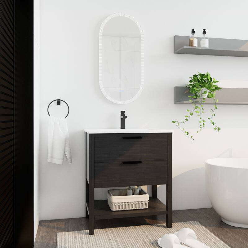 30" Bathroom Vanity with Ceramic Sink, Freestanding, Soft Closing Drawers, 4 Wood Feet, Durable and Water-Resistant
