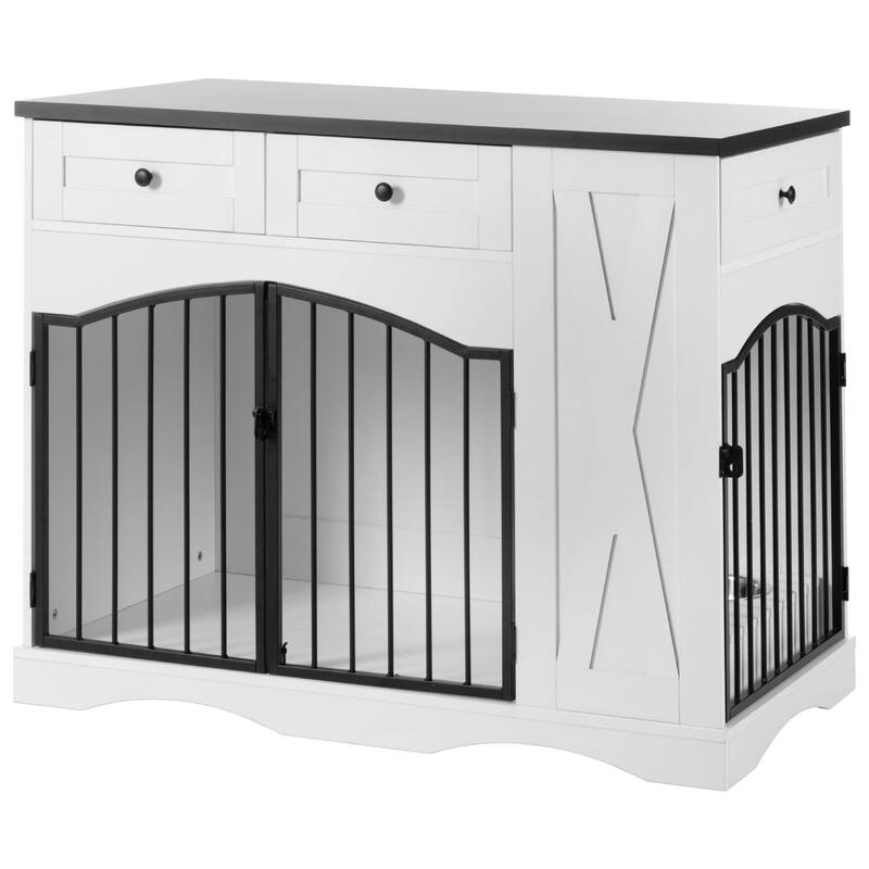 Dog Crate Furniture with 3 Drawers, Indoor Wooden Dog Kennel, Dog Cage End Table with Removable Feeder for Medium Dogs