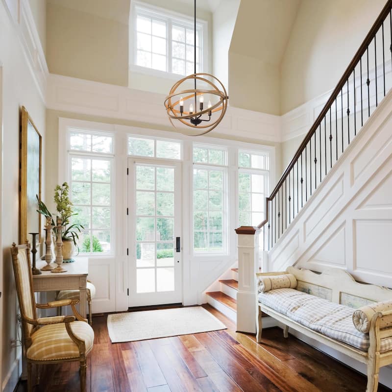 Modern Farmhouse 4-Light Globe Wood Grain Chandelier Island Lights for Dining Room