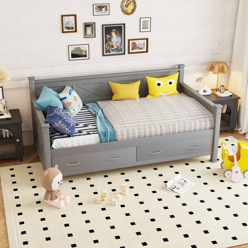 Twin Size Daybed with 2 Large Drawers, X-shaped Frame, Modern and Rustic Casual Style Daybed - gray