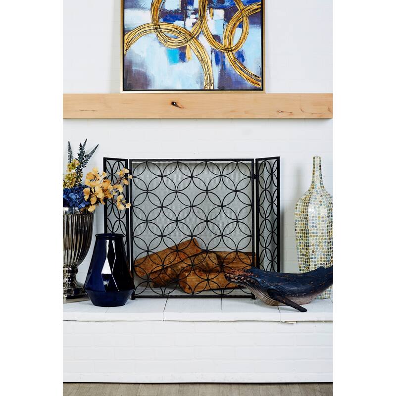 Metal Geometric Foldable 3 Panel Fireplace Screen with Mesh Netting - Black - Roche River Decor - 1"W x 48"L x 30"H