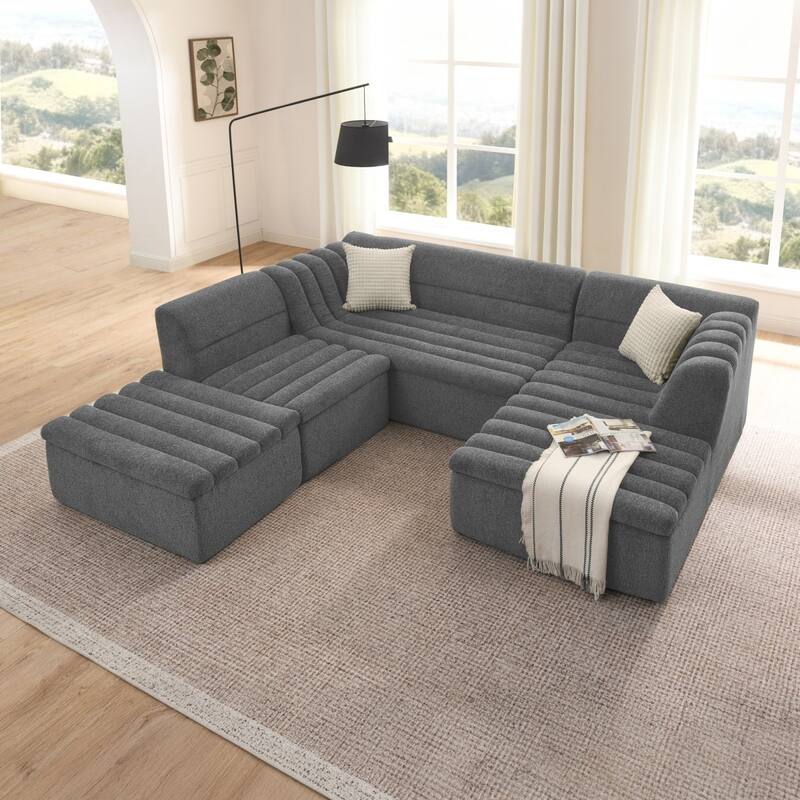 135" U-Shaped Modular Chenille Upholstered Sectional Sofa with Ottoman, No Pillows Included