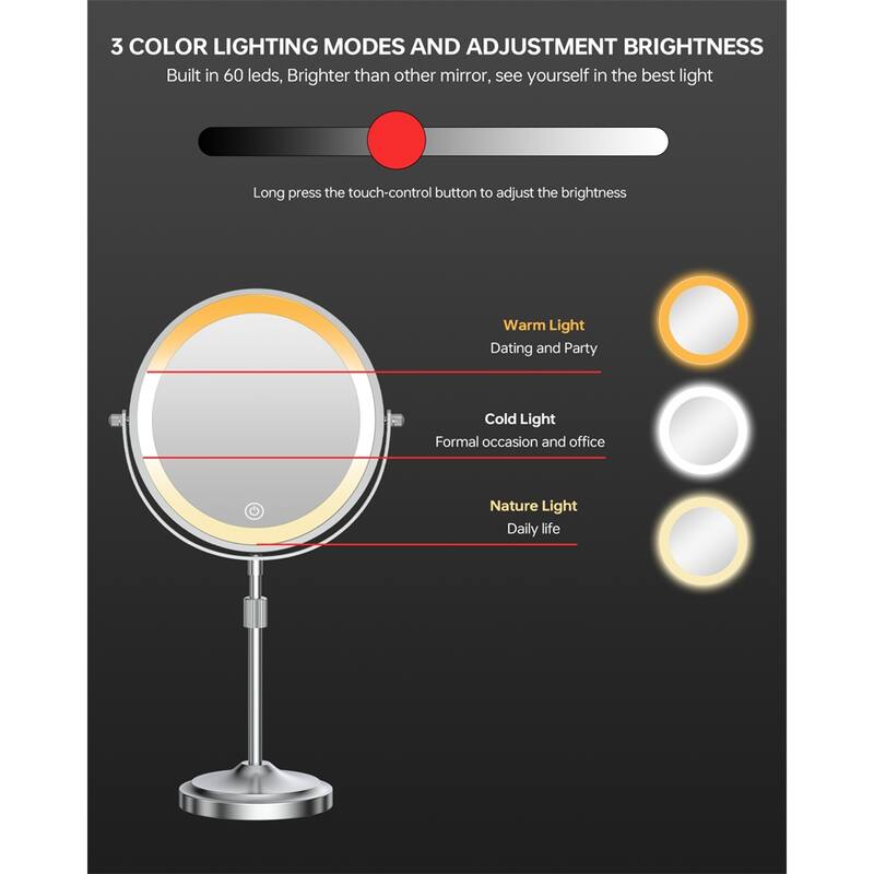 9" Lighted Makeup Double Sided 1X/10 Magnification Mirror, 3 Lighting