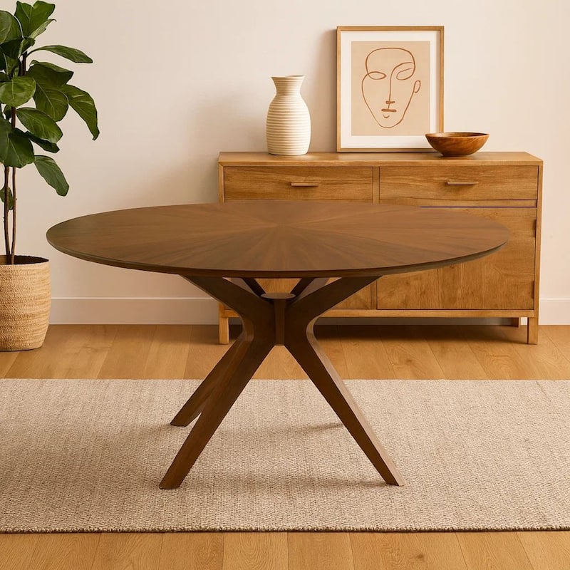 Contemporary 47 Inch Round Wooden Dining Table with Spider Legs, Walnut Brown