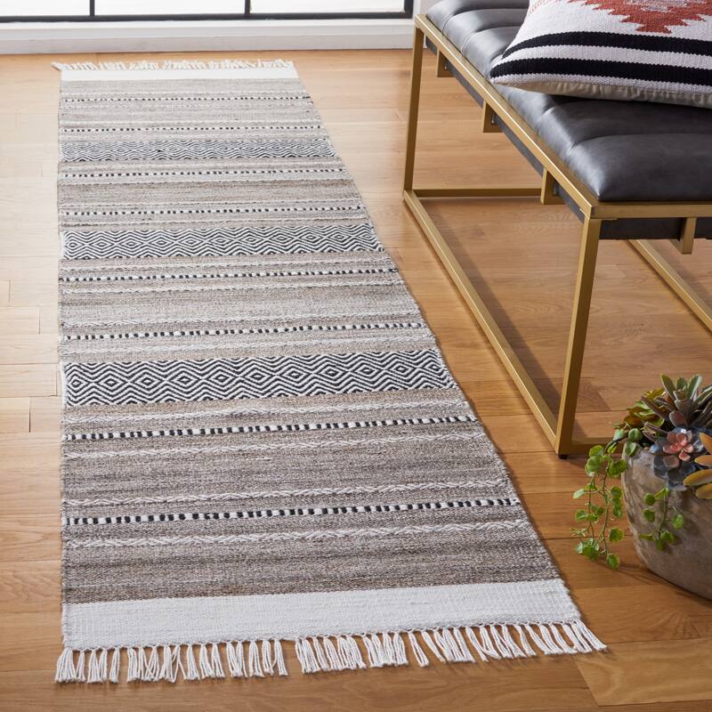 SAFAVIEH Striped Kilim Kattie Boho Fringe Rug - 2'3" x 9' Runner - Black/Ivory