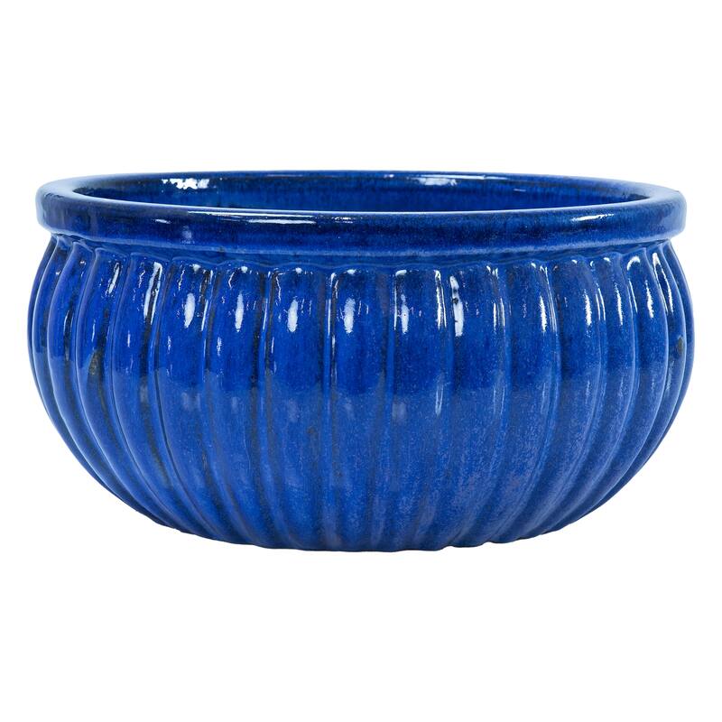 Sunnydaze Ribbed Glazed Ceramic Planter Bowl - Imperial Blue