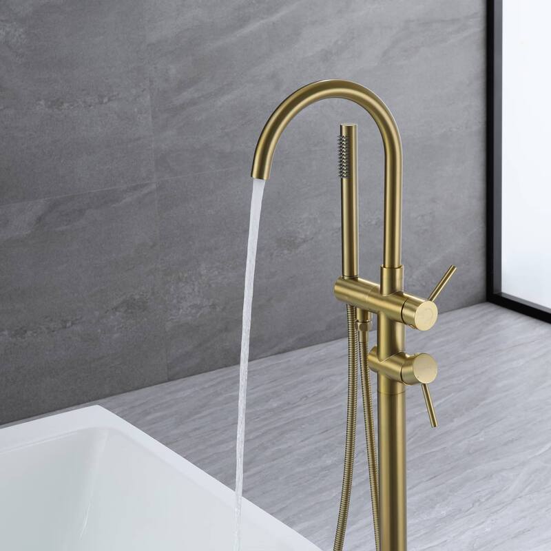 Freestanding Tub Faucet With Hand Shower Bathroom Floor Mounted Tub Filler Double Handle Bathtub Faucets Trim With Sprayer