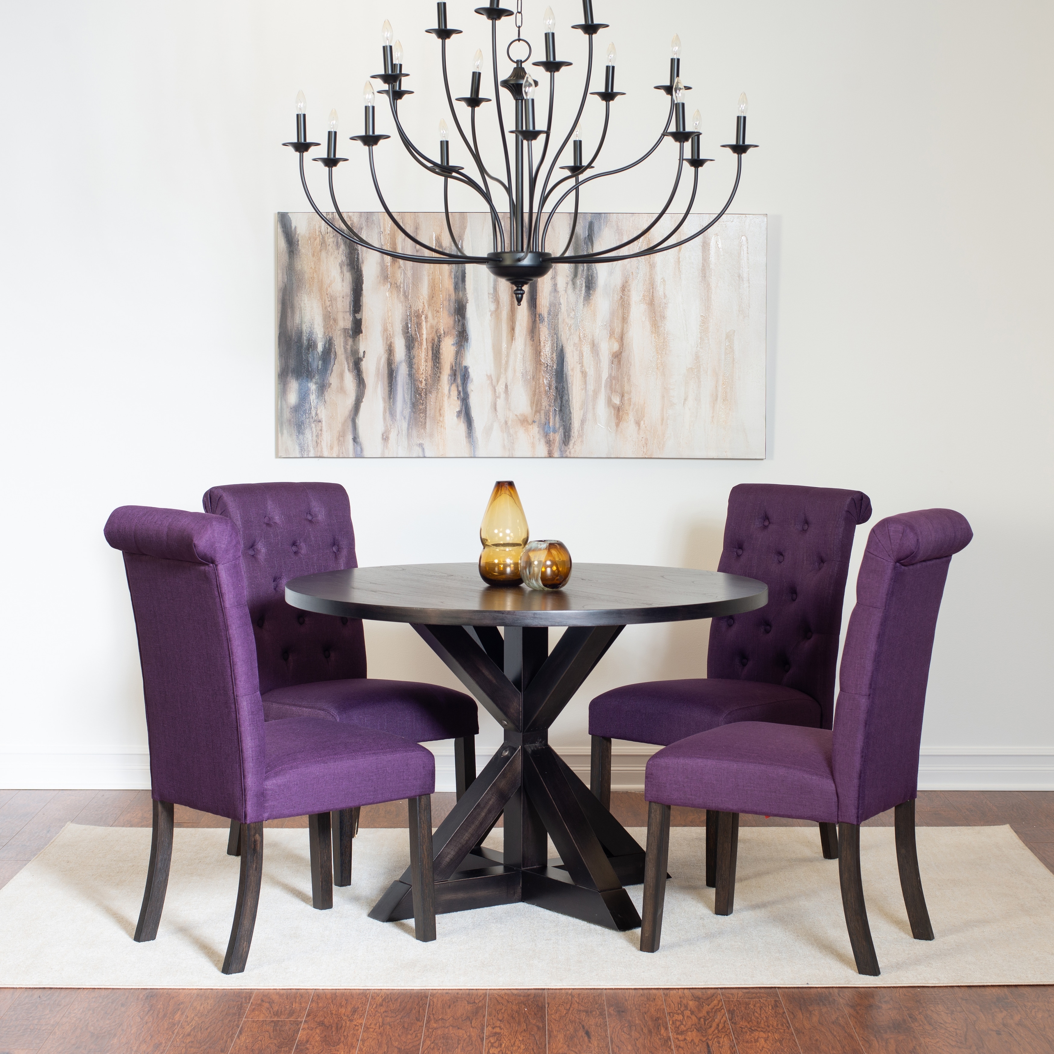 Round Dining Set with Cross-Buck Pedestal Table & 4 Upholstered Chairs