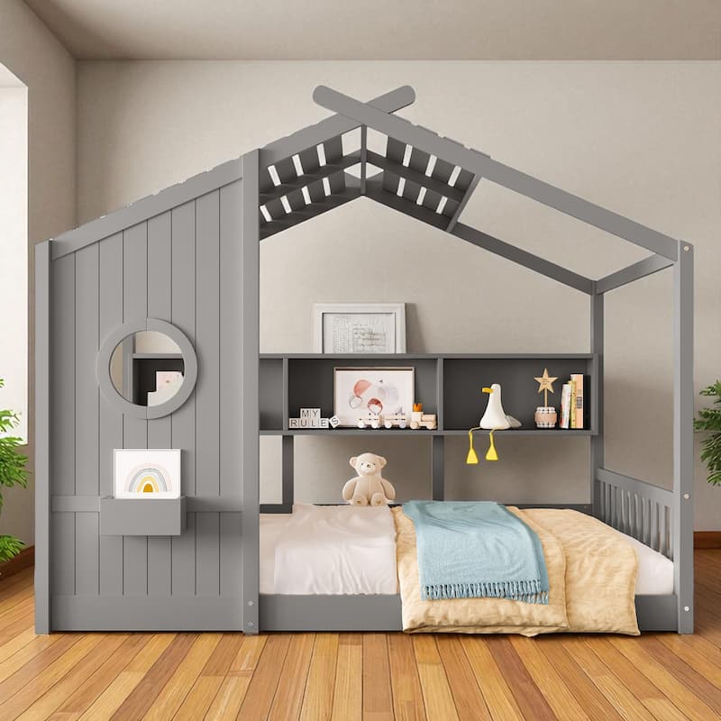 Twin/Full Montessori House Floor Bed with Roof, Storage Shelf, Low Profile Kids Bed, 6 in Mattress, 350/550 lb Capacity