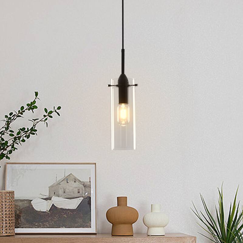 1-light Glass Pendant Light with Adjustable Cord, Semi Flush Mount Chandelier for Dining Room Living Room Bedroom - Black