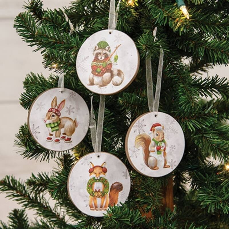Winter Woodland Animal Ornaments with Fox, Raccoon, Squirrel, Bunny Holiday Decor 4 Asstd. - 3" Dia x 0.25" Deep