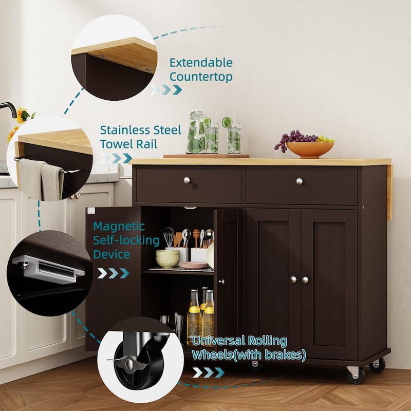 Kitchen Storage Island with 2 Drawers & Extendable Countertop - Rolling Storage Cart with Towel Rail, Lockable Wheels