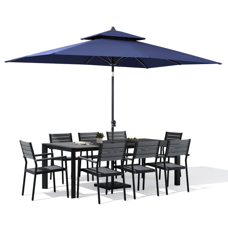 9/11-Piece Outdoor Patio Dining Set Aluminum Dining Table and Stackable Chairs w/10 ft Market Umbrella and Base