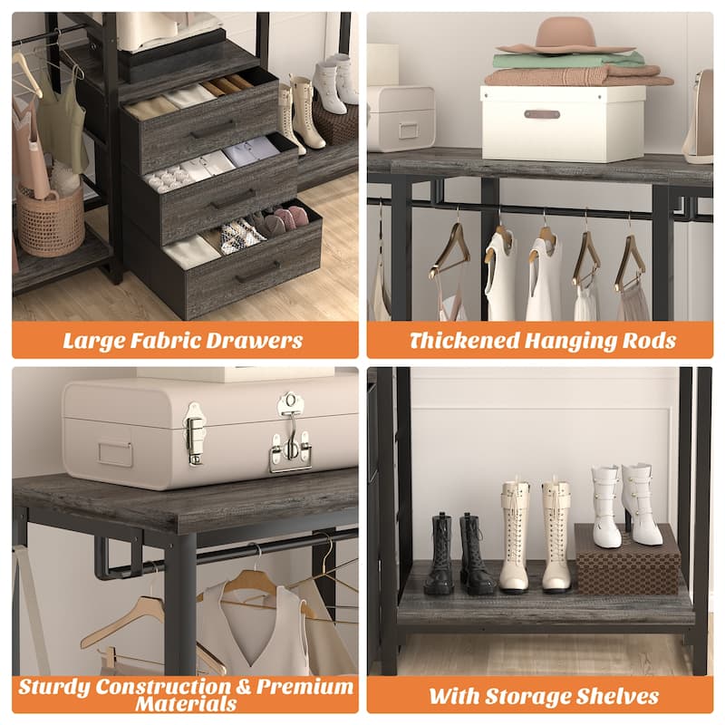 65.6'' Heavy-duty Garment Rack, Freestanding Closet Organizer with Fabric Drawers and 5 hanging Rods