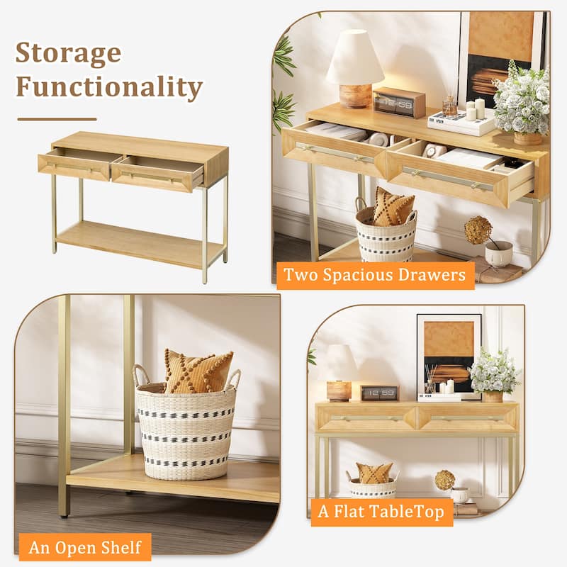 Retro Console Table Hallway Table with 2 Geometric Bevel Drawers, for Entryway and Living Room, Natural