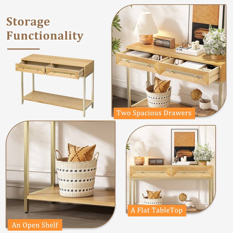 Wooden Console Table with 2 Drawers, Sofa Behind Couch Table with Open Shelves, Hallway Sofa Table with Metal Frame