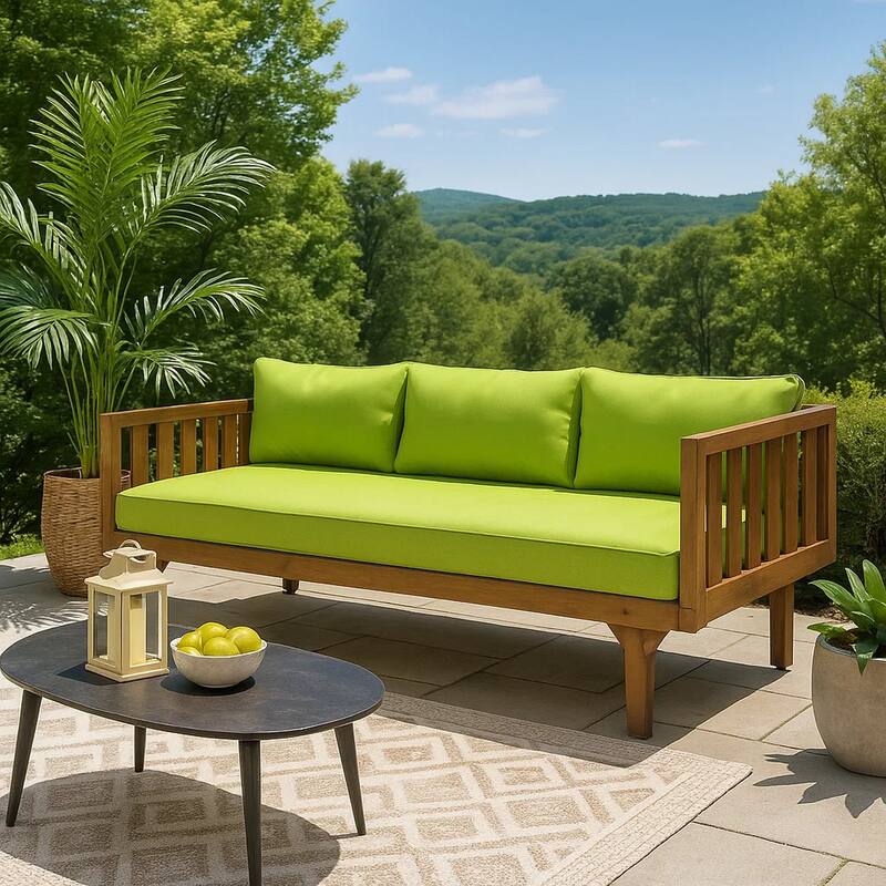 Clara Outdoor Daybed, Brown Wood Slat Back, 68 Inch Green Fabric