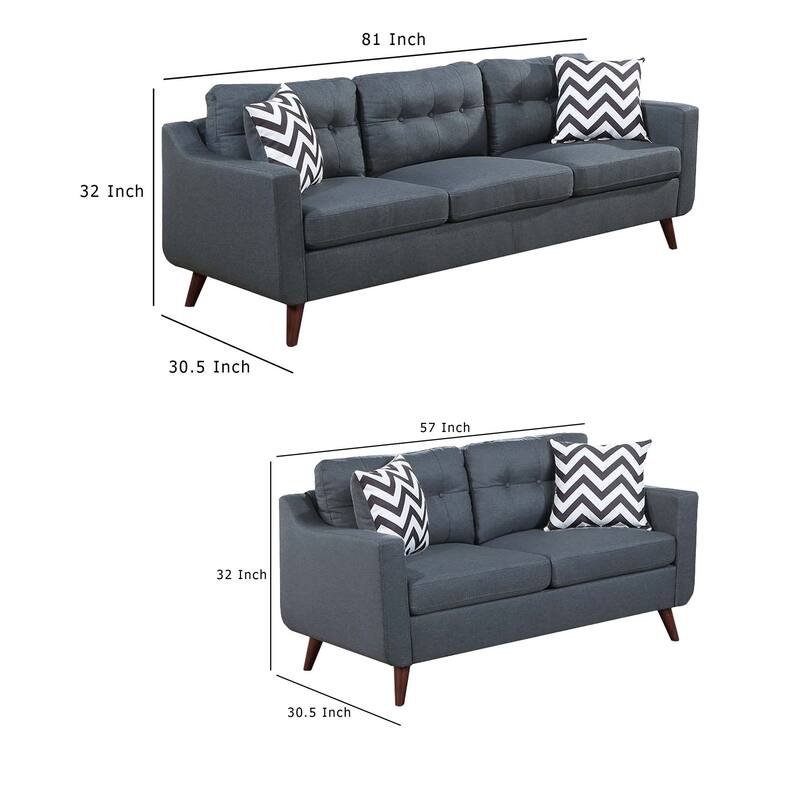 Roli 2pc Sofa and Loveseat Set, 4 Throw Pillows, Soft Blue Polyfiber