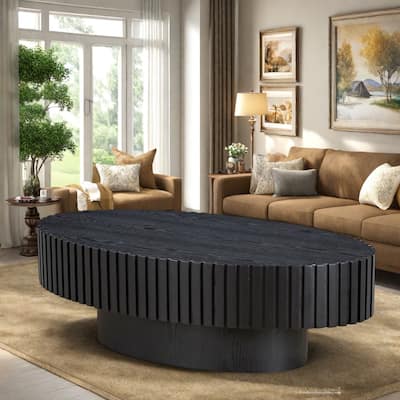 43.7" MDF Coffee Table with Pedestal Base, Black Manchurian and Solid Wood Relief Detail