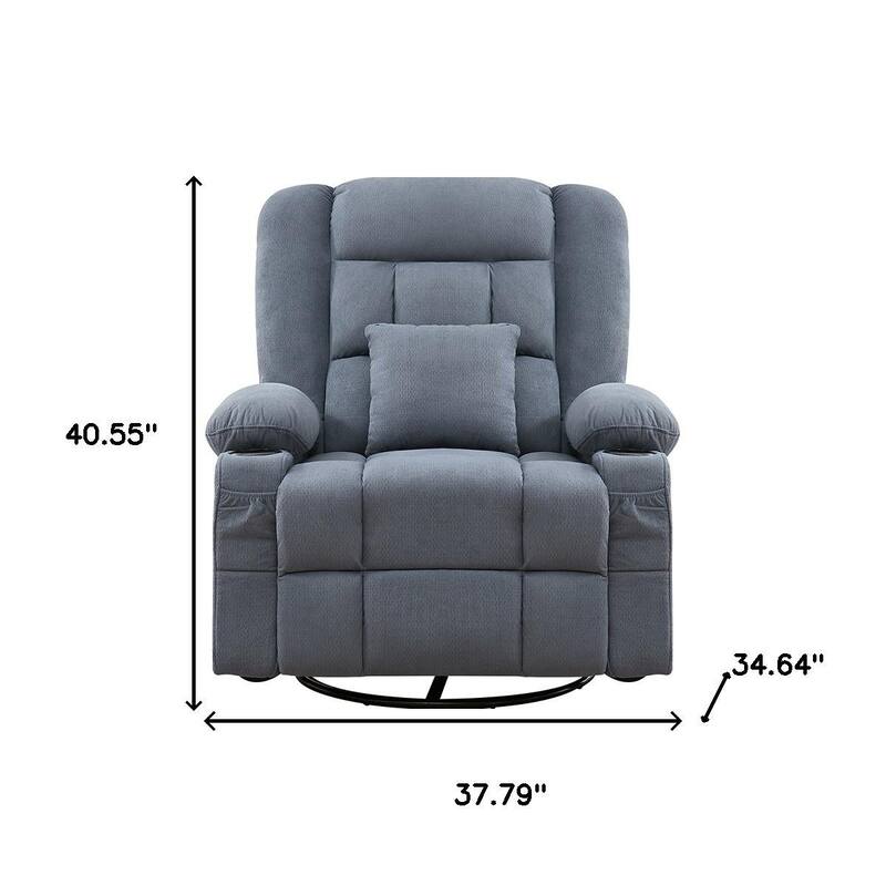 HomeRoots 38" Blue Tufted Cotton Blend Heated Massage Manual Swivel Recliner With USB