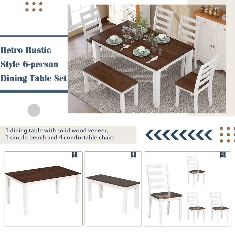 Rustic Style 6-Piece Dining Set with 4 Chairs and Bench