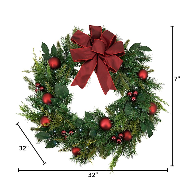32 in Holiday Cedar Wreath with Red Bow and Christmas Ornaments - Green