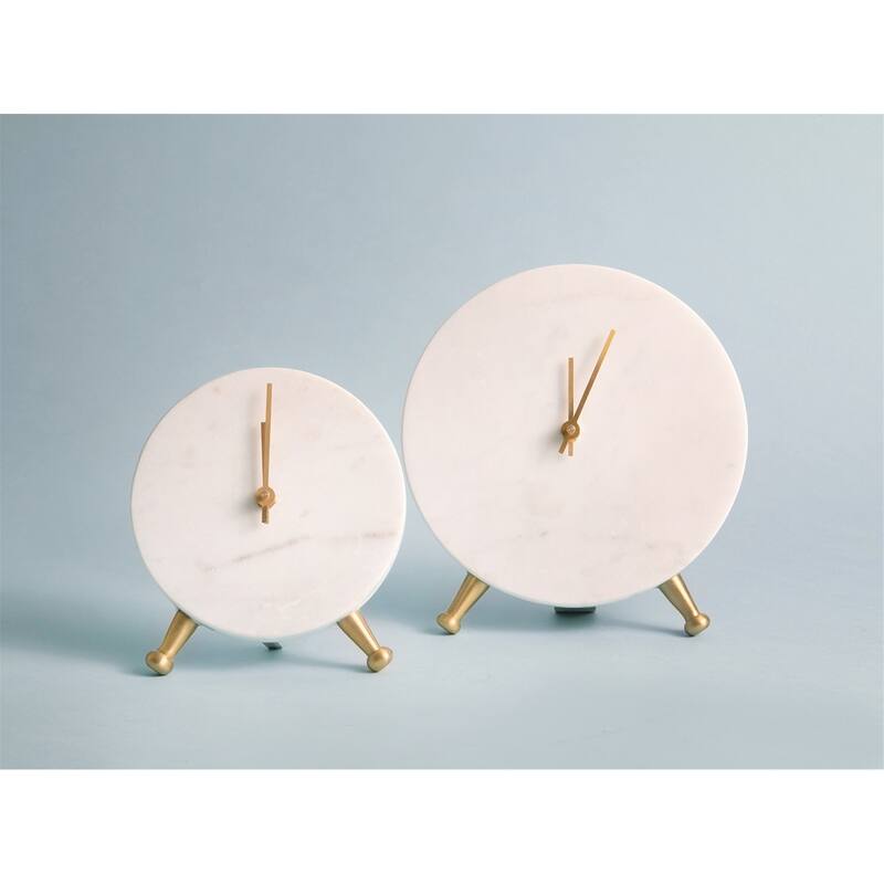Lg. Marble Table Clock Antique Brass 8"Dia