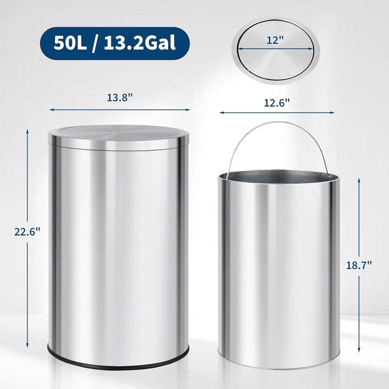 Commercial Grade 13-Gallon Stainless Steel Swing-Top Trash Can Soft-Close Lid and Removable Bucket
