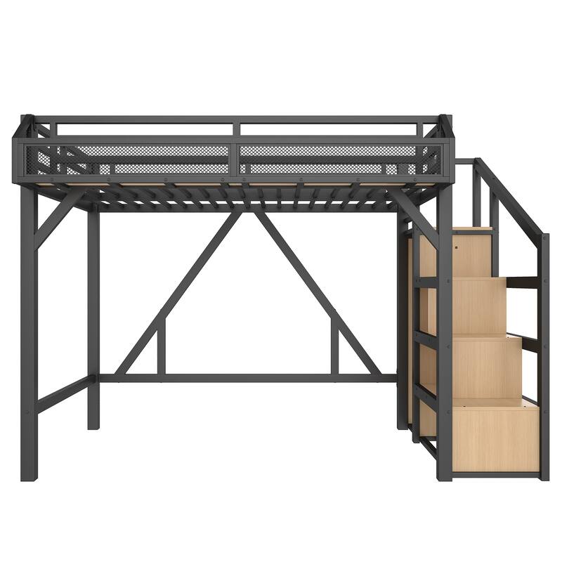 Roomfitters Metal Loft Bed with Wardrobe and Storage Stairs, LED Lights and USB