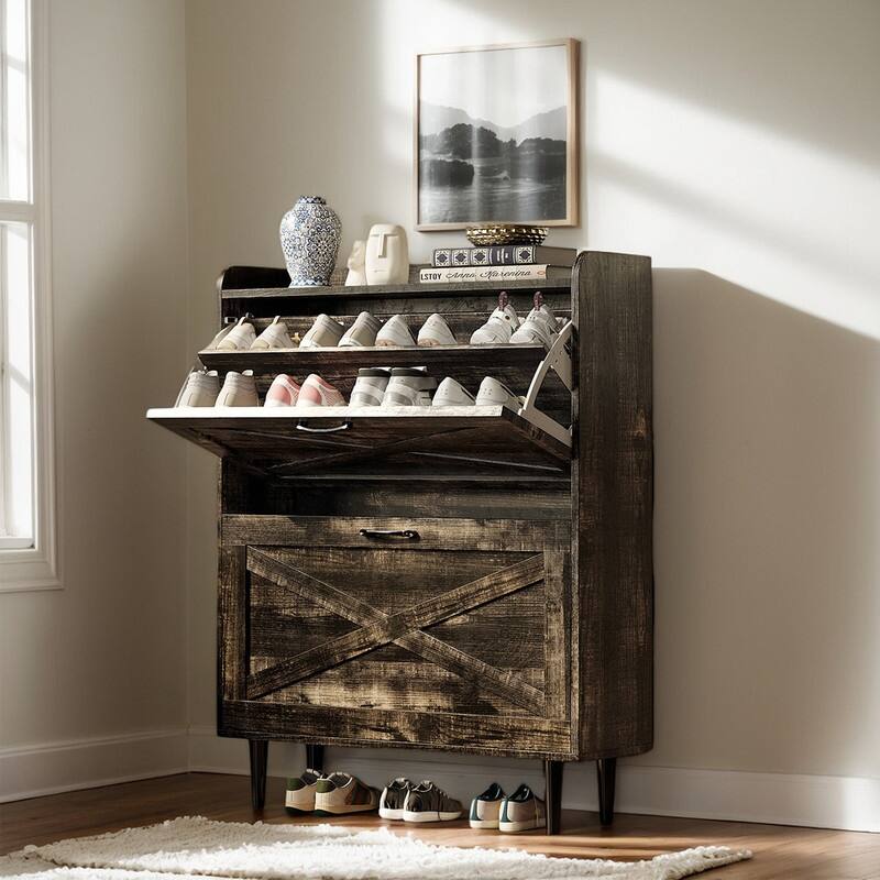 2 Flip 1 Barrier Barn Door Shoe Cabinet Melamine Embossed 31.6in