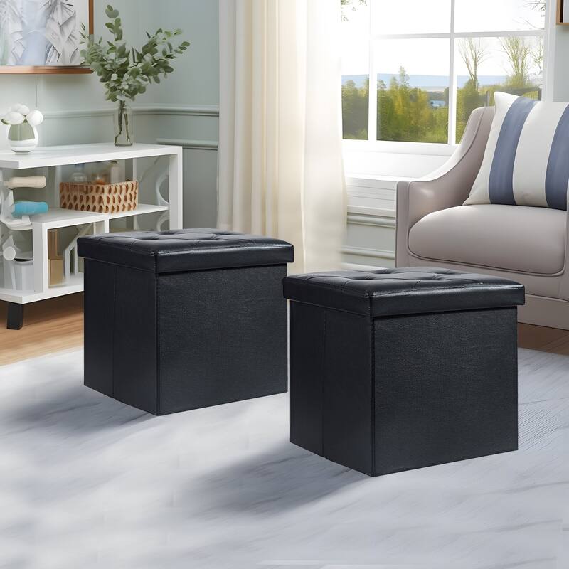2 PC Storage Folding Ottoman, Storage Footrest Stool, Faux Leather Storage Bench Cube with Padded Seat for Small Space