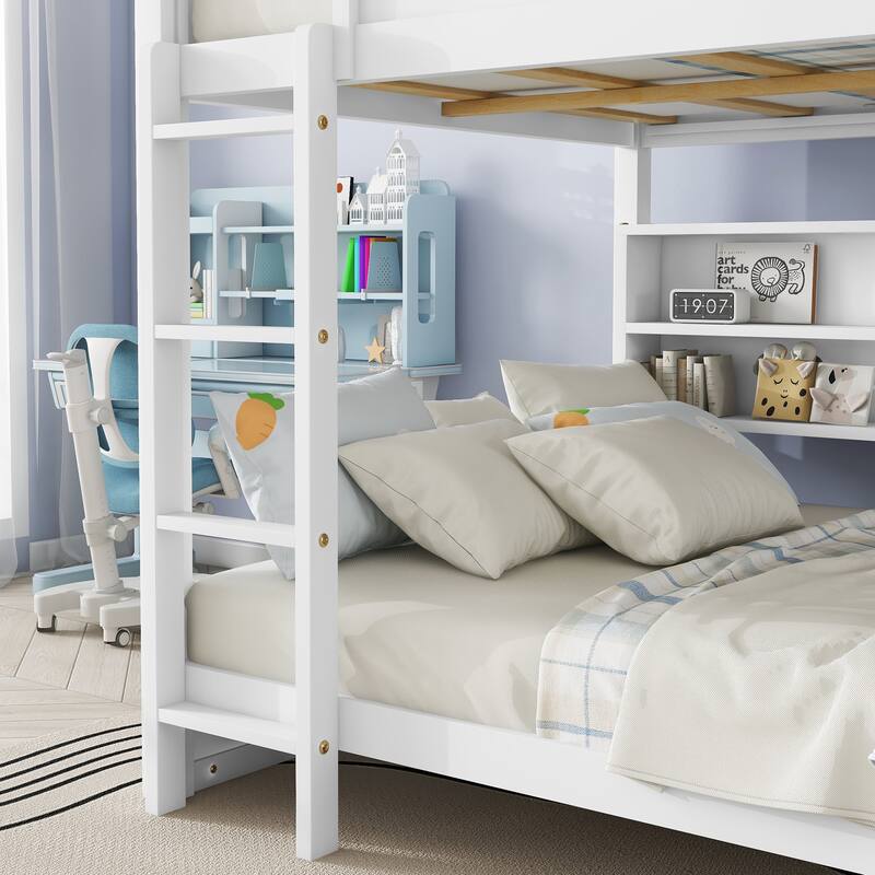 Queen-Size Over Queen-Size Bunk Bed With Integrated Storage Cabinets, USB Charging Ports, Wooden Ladder, Safety Rails .