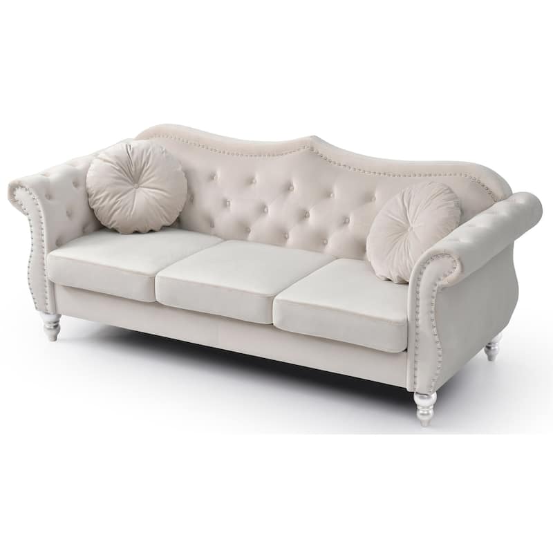 Velvet Tufted Chesterfield 3-Seater Sofa with Throw Pillows - 82" - Beige