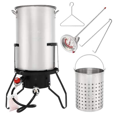 18*18*35inch Set of 2 Black Round Iron Stove Frame Silver Stainless Steel 50QT Turkey Pot Gas Fryer - N/A