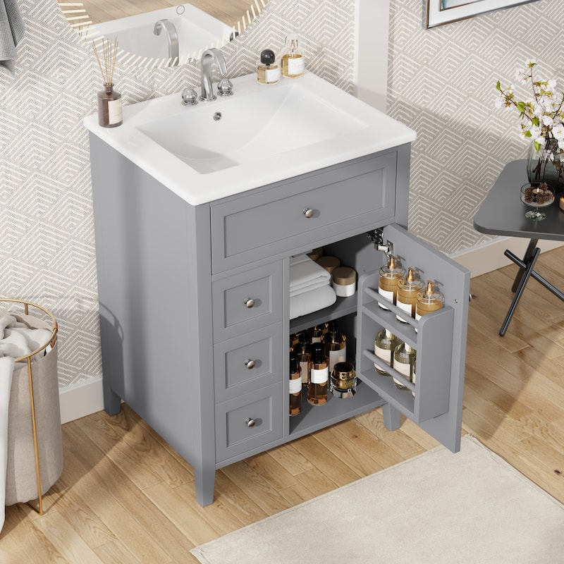 24" Bathroom Vanity with Sink, 3 Drawers & Storage Cabinet, Adjustable Shelves, MDF/Rubberwood