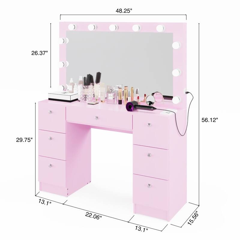 Boahaus Makeup Vanity 7 Drawers Lighted Crystal Knobs USB Port