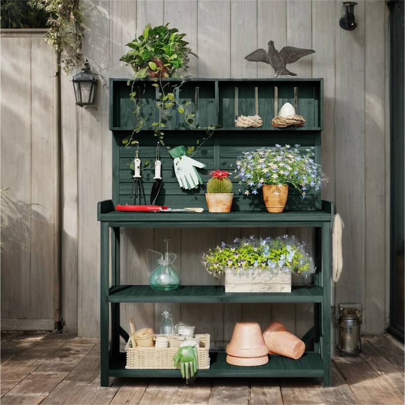 Wood Outdoor Potting Bench Table with 4 Storage Shelves and Side Hook