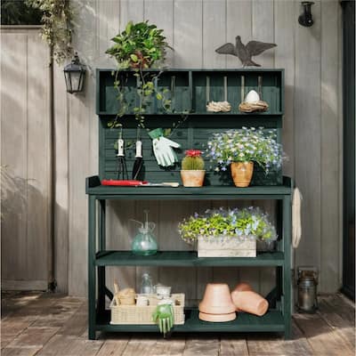Wood Outdoor Potting Bench Table with 4 Storage Shelves and Side Hook
