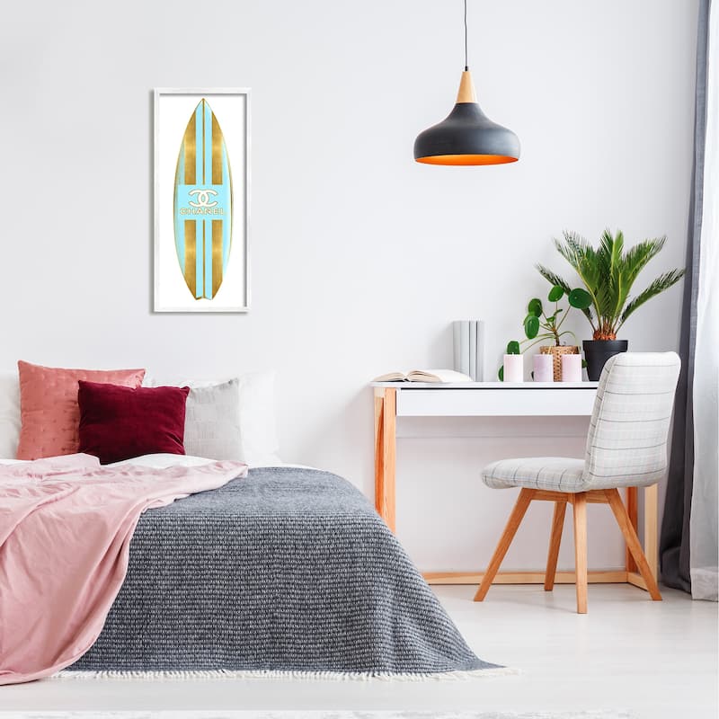 Stupell Striped Turquoise Surfboard Glam Designer Fashion Motif Framed Wall Art - Blue