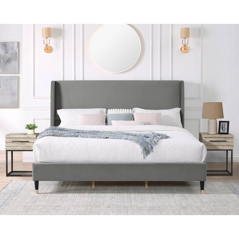 King Size Modern Platform Bed with Velvet Wingback Headboard