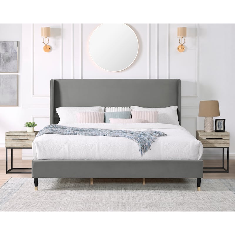 Luxury Gray Velvet Wingback Platform Bed with Cone Legs, King Size