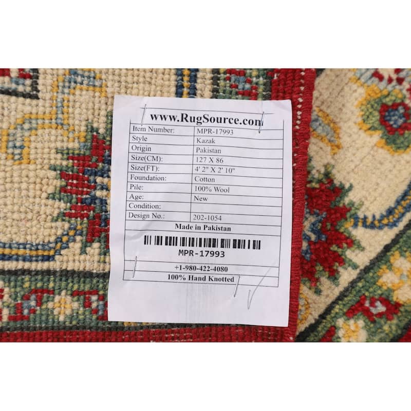 Red Geometric Kazak Foyer Rug Hand-Knotted Wool Carpet - 2'10" x 4'2"