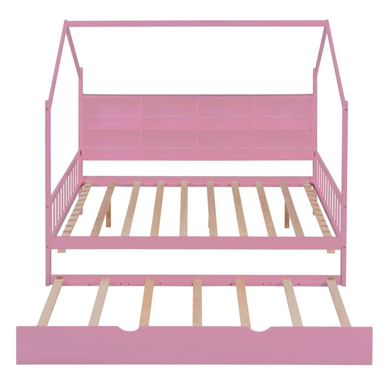 Wooden Full Size House Bed with Trundle,Kids Bed with Shelf,Pink Bed