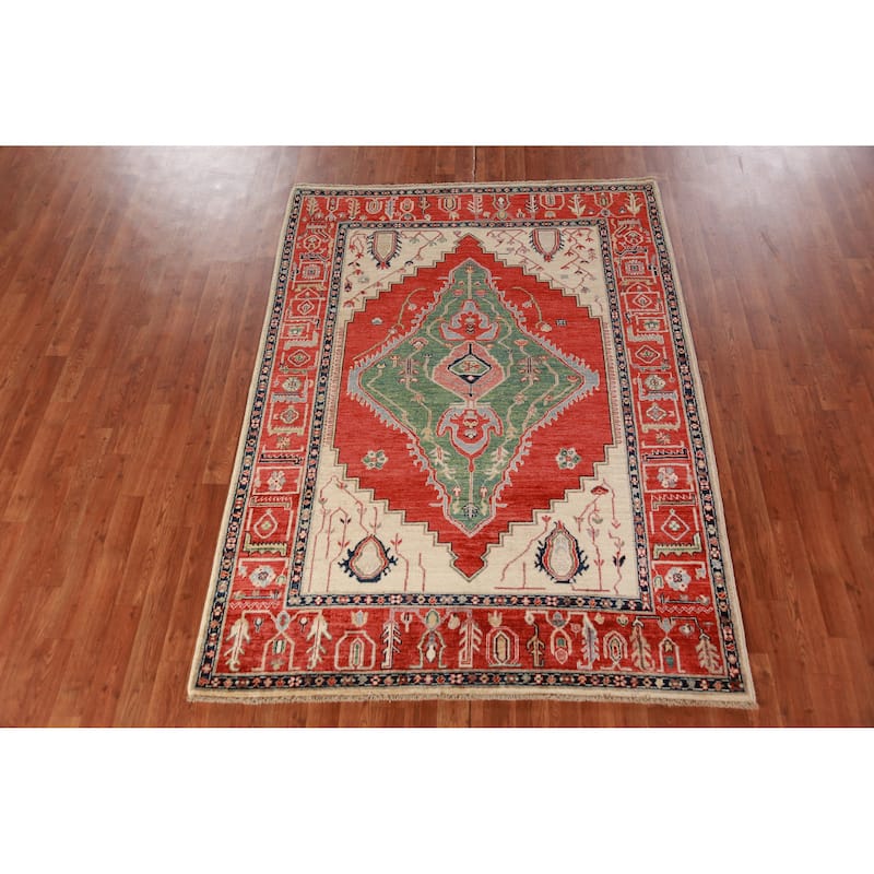 Vegetable Dye Heriz Serapi Oriental Rug Hand-Knotted Wool Carpet - 4'1"x 6'8"