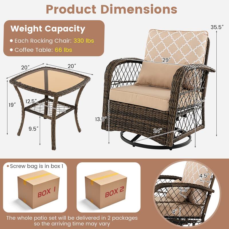 3 PCS Patio Swivel Rocker Set Swivel Rocking Chairs w/ Coffee Table