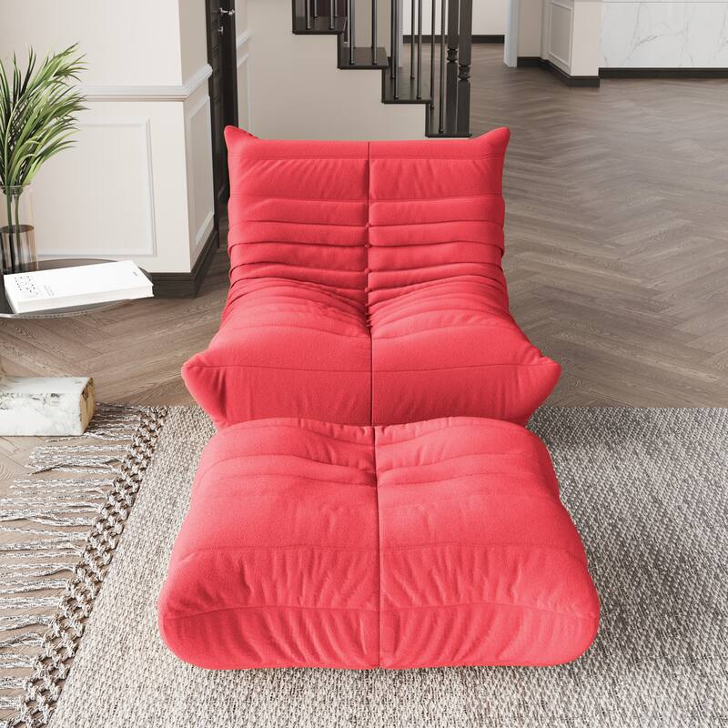 Teddy Fabric Floor Lazy Sofa Bean Bag Lounge Chair with Ottoman for Living Room - Red