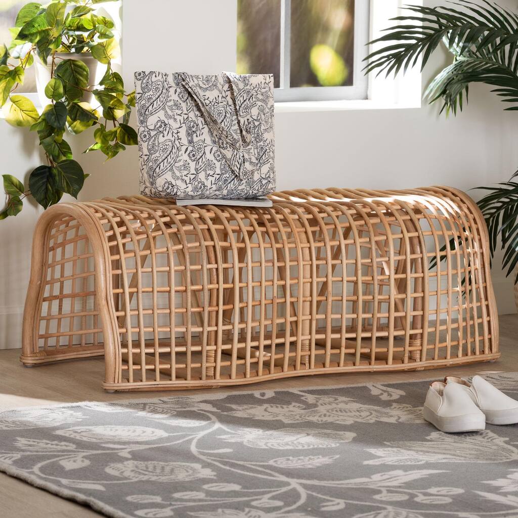 Daiki Natural Rattan Bench with Curved Frame - Lightweight Decorative Accent Seating for Entryway, Bedroom, or Living Room